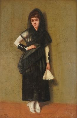 an image of a painting of a woman in a black and white dress