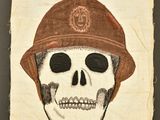 un dessin représentant un crâne coiffé d'un casque, sur une feuille de papier