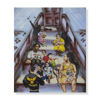 une peinture représentant un groupe de personnes assises sur un banc