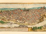 an old map of a city with lots of people on it