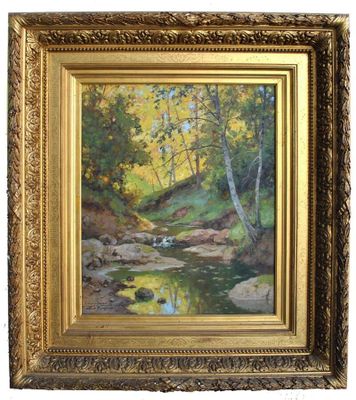 un tableau représentant un ruisseau dans une forêt, avec des arbres et des rochers