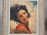 a painting of a woman with blue hair in a gold frame