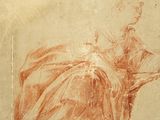 an old drawing of a woman reading a book in a chair