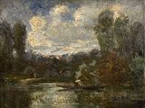 tableau représentant un paysage fluvial avec un bateau au premier plan et des arbres à l'arrière-plan