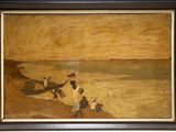 an image of a painting of people on a beach by the water