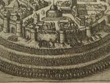 drawing of a castle surrounded by a crowd of people in a town