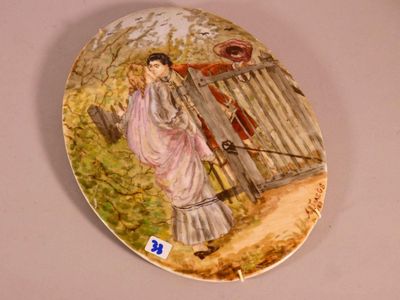 a plate with a picture of a woman and a dog on it