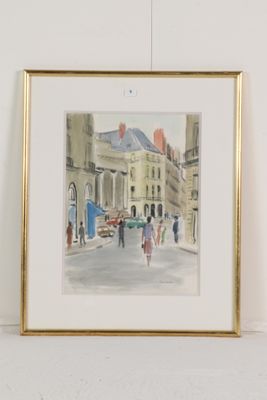 aquarelle encadrée représentant une scène de rue urbaine avec des passants et des voitures