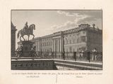 un dessin représentant une statue d'un homme à cheval devant un bâtiment