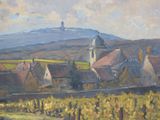 an oil painting of a village with a church in the distance