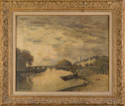 une image représentant une peinture d'un paysage fluvial avec un bateau au premier plan