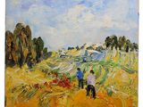 a painting of two people walking through a field of crops