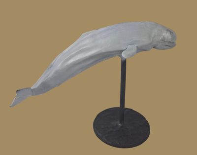 statue d'un dauphin blanc posée sur un socle noir, sur un fond marron