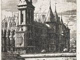 drawing of a large building with a clock tower on top of it