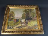 an oil painting of cows in a pasture by a fence