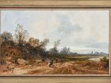 an image of a painting of a horse and buggy on a dirt road