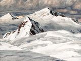 tableau représentant une chaîne de montagnes enneigée sur laquelle marchent quelques personnes