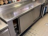 a large stainless steel counter in a restaurant kitchen