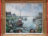 a painting of boats on the water by a red wall