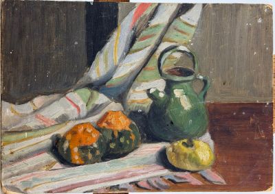 a painting of a teapot and two oranges on a table