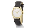 une montre-bracelet plaquée or, avec un cadran blanc et un bracelet en cuir noir