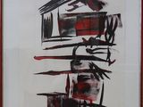 painting of a red and black abstract painting in a wooden frame