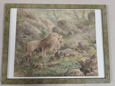 painting of a lion and a lioness in a rocky landscape