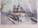 a watercolor painting of boats on the river