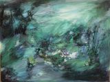 une peinture à l'huile représentant un paysage vert et bleu avec des arbres