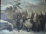 a painting of two men holding guns in the snow