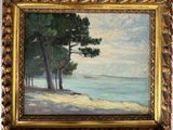 une peinture à l'huile représentant une scène de plage avec des arbres et de l'eau