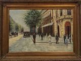 an oil painting of a street scene with a horse drawn carriage