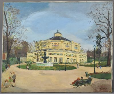 painting of a large yellow building with a fountain in the middle of a park