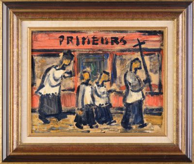 a painting of a group of people standing in front of a store