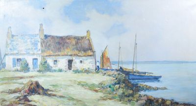 un tableau représentant une maison au bord de l'eau, avec un bateau au premier plan