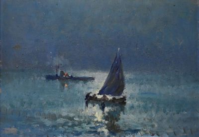 École MODERNE Bateaux sous un lever de lune