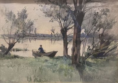 un tableau représentant un homme assis dans un bateau sur l'eau