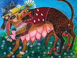 tableau représentant un chien portant un chapeau et tenant une fleur dans la gueule