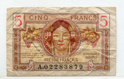 a close up of a french 5 frans bank note with a woman ' s face on it
