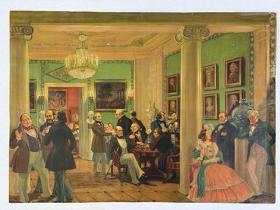 tableau représentant un groupe de personnes debout dans une pièce dont les murs sont ornés de tableaux