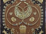 une écharpe marron et noire ornée de motifs dorés