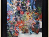 une peinture à l'huile représentant un vase de fleurs sur une table