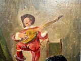 a painting of a man playing a guitar in a room