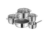 a group of stainless steel pots and pans on a white background
