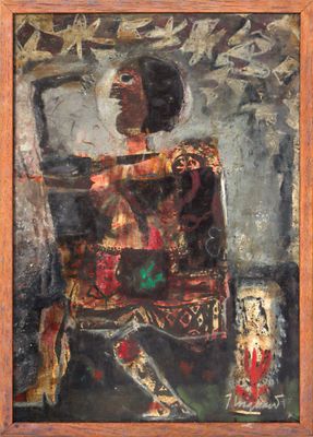 an oil painting of a man sitting in a chair with his arms crossed