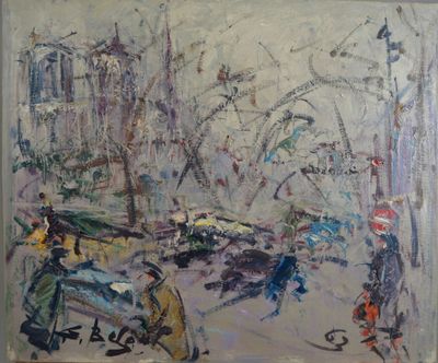 an oil painting of people walking down a street in a city