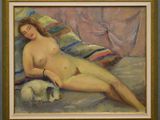 une peinture à l'huile représentant une femme nue allongée sur un lit avec un chien