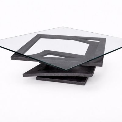 une image d'une table avec un plateau en verre sur un fond blanc