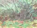 an oil painting of a cat sitting in the middle of a forest