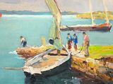 a painting of a group of people standing on a dock by a boat